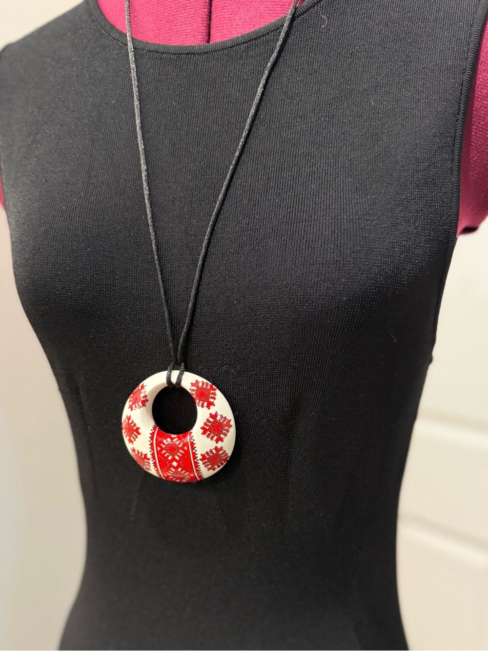 Ceramic Folk Art Statement Pendant Red Embroidery Motif Necklace